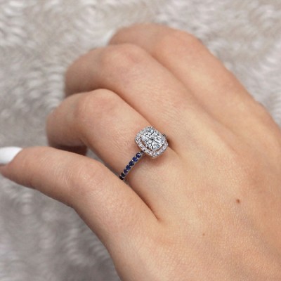 1 Carat Cushion Moissanite Halo Sapphire Engagement Ring
