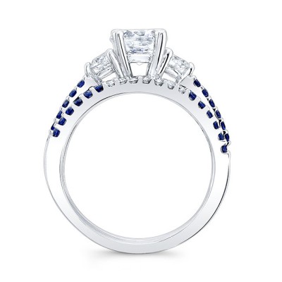 3 Stone Sapphire Accent Moissanite Wedding Ring Set
