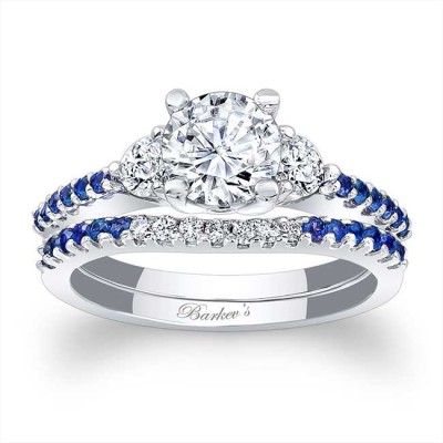 3 Stone Sapphire Accent Moissanite Wedding Ring Set
