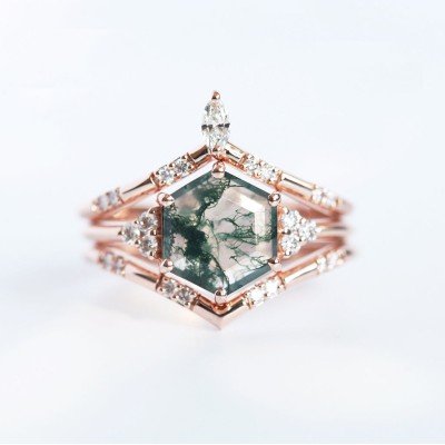 Ada Hexagon Moss Agate Ring Set
