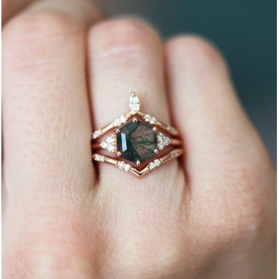 Ada Hexagon Moss Agate Ring Set
