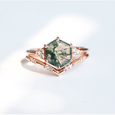 Ada Hexagon Moss Agate Ring Set
