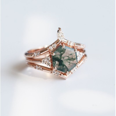 Ada Hexagon Moss Agate Ring Set
