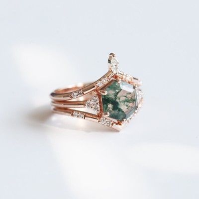 Ada Hexagon Moss Agate Ring Set
