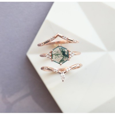 Ada Hexagon Moss Agate Ring Set
