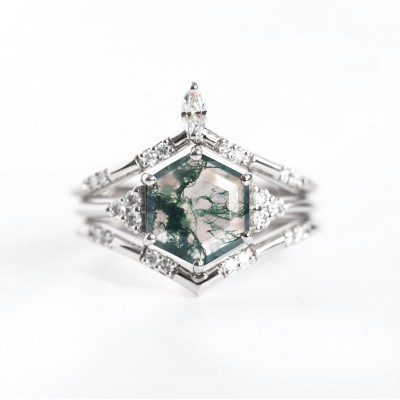 Ada Hexagon Moss Agate Ring Set
