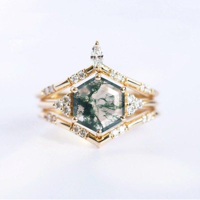 Ada Hexagon Moss Agate Ring Set
