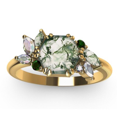 Addison Hexagon Moss Agate Ring with Accent Stones
