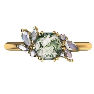 Addison Hexagon Moss Agate Ring with Diamond Clusters
