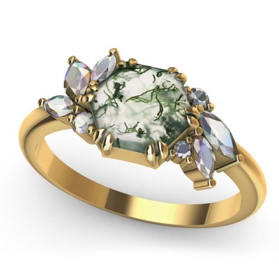 Addison Hexagon Moss Agate Ring with Diamond Clusters
