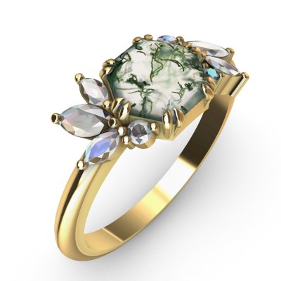 Addison Hexagon Moss Agate Ring with Diamond Clusters

