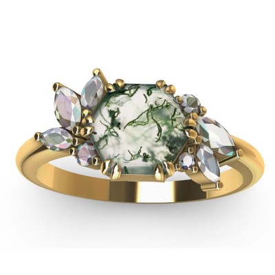 Addison Hexagon Moss Agate Ring with Diamond Clusters
