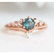Bella Engagement Ring Set: Round Teal Sapphire & Diamonds