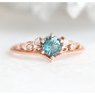 Bella Engagement Ring Set: Round Teal Sapphire & Diamonds
