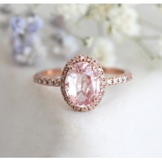 Chloe Halo Diamond Oval Peach Sapphire Ring in 14k Rose Gold