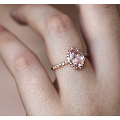 Chloe Halo Diamond Oval Peach Sapphire Ring in 14k Rose Gold
