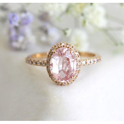 Chloe Halo Diamond Oval Peach Sapphire Ring in 14k Rose Gold
