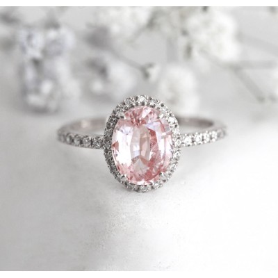 Chloe Halo Diamond Oval Peach Sapphire Ring in 14k Rose Gold
