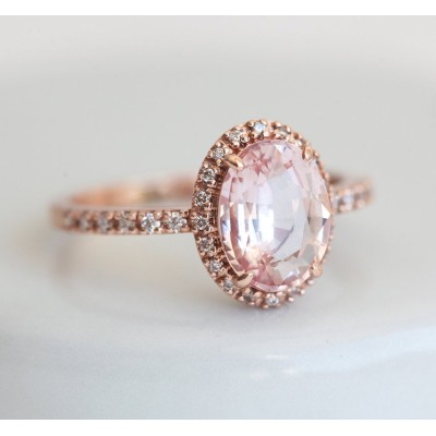 Chloe Halo Diamond Oval Peach Sapphire Ring in 14k Rose Gold
