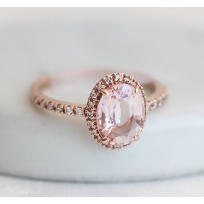 Chloe Halo Diamond Oval Peach Sapphire Ring in 14k Rose Gold
