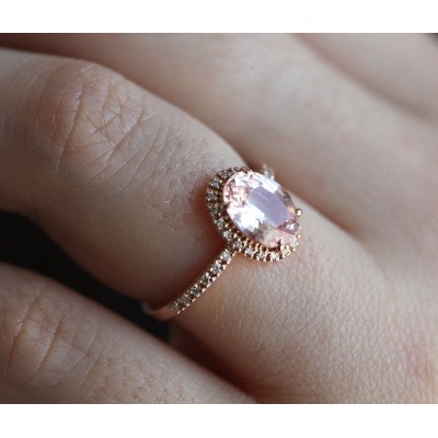 Chloe Halo Diamond Oval Peach Sapphire Ring in 14k Rose Gold
