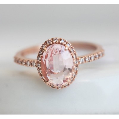 Chloe Halo Diamond Oval Peach Sapphire Ring in 14k Rose Gold
