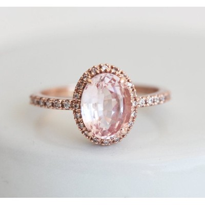 Chloe Halo Diamond Oval Peach Sapphire Ring in 14k Rose Gold

