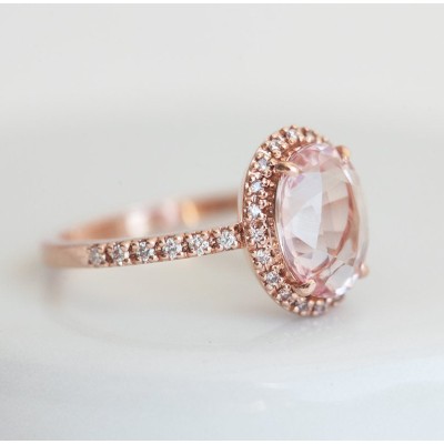 Chloe Halo Diamond Oval Peach Sapphire Ring in 14k Rose Gold
