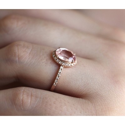 Chloe Halo Diamond Oval Peach Sapphire Ring in 14k Rose Gold
