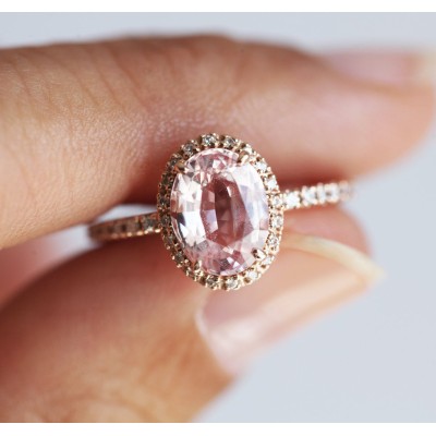 Chloe Halo Diamond Oval Peach Sapphire Ring in 14k Rose Gold
