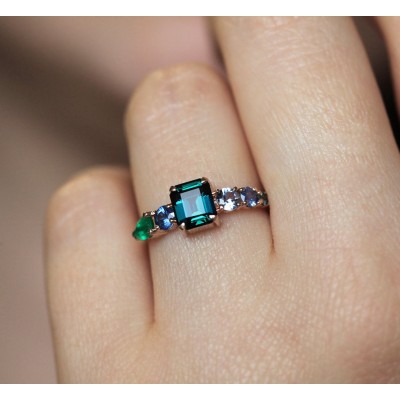 Darius Teal Sapphire Emeralds Sapphire Cluster Ring

