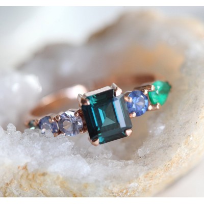 Darius Teal Sapphire Emeralds Sapphire Cluster Ring
