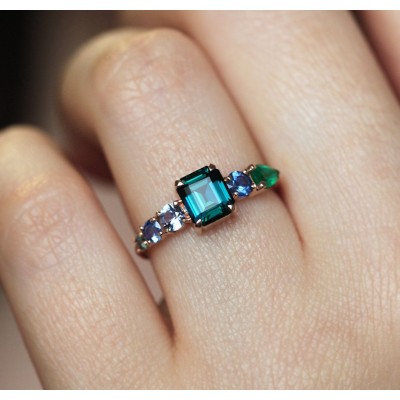 Darius Teal Sapphire Emeralds Sapphire Cluster Ring
