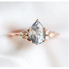 Jeanie Silvery Blue-Green Sapphire Ring w/ Diamond Clusters