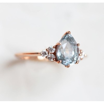 Jeanie Silvery Blue-Green Sapphire Ring w/ Diamond Clusters
