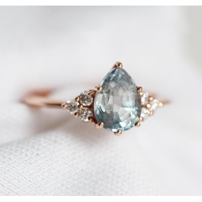 Jeanie Silvery Blue-Green Sapphire Ring w/ Diamond Clusters
