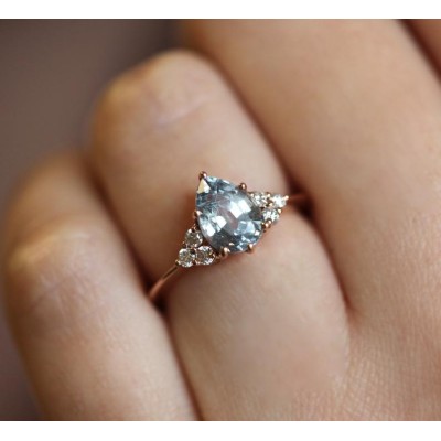 Jeanie Silvery Blue-Green Sapphire Ring w/ Diamond Clusters
