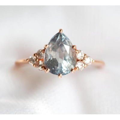 Jeanie Silvery Blue-Green Sapphire Ring w/ Diamond Clusters
