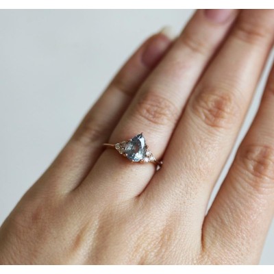 Jeanie Silvery Blue-Green Sapphire Ring w/ Diamond Clusters
