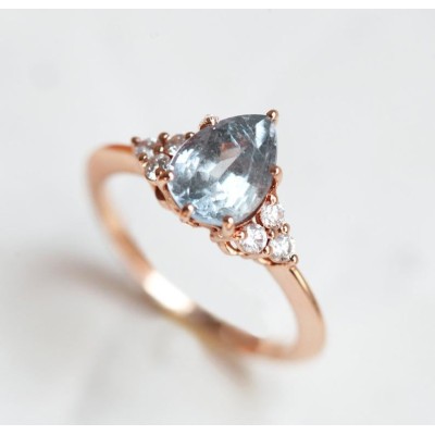 Jeanie Silvery Blue-Green Sapphire Ring w/ Diamond Clusters
