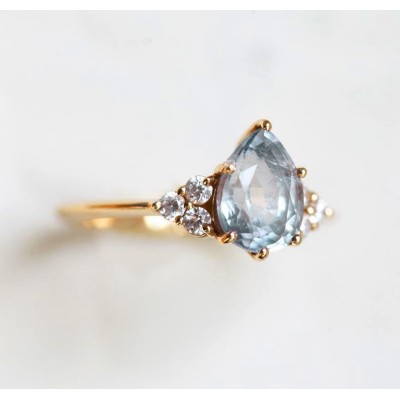 Jeanie Silvery Blue-Green Sapphire Ring w/ Diamond Clusters
