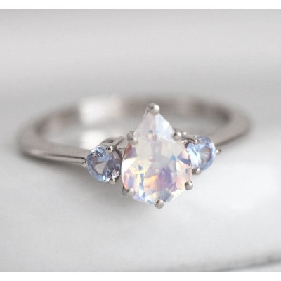 Pear Rainbow Moonstone Ring With Light Blue Sapphires
