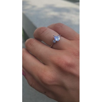 Pear Rainbow Moonstone Ring With Light Blue Sapphires
