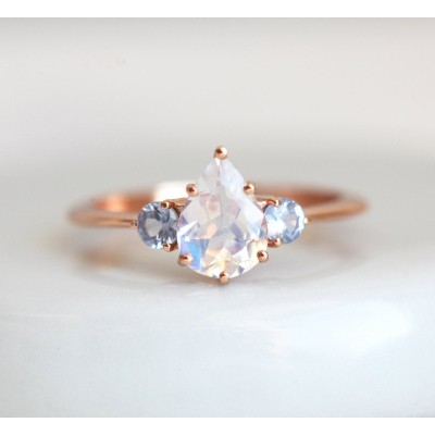 Pear Rainbow Moonstone Ring With Light Blue Sapphires
