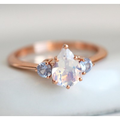 Pear Rainbow Moonstone Ring With Light Blue Sapphires
