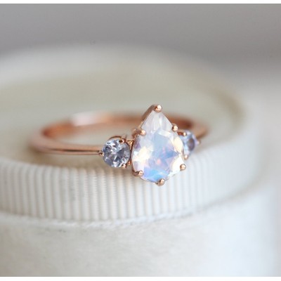 Pear Rainbow Moonstone Ring With Light Blue Sapphires
