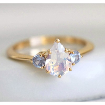 Pear Rainbow Moonstone Ring With Light Blue Sapphires
