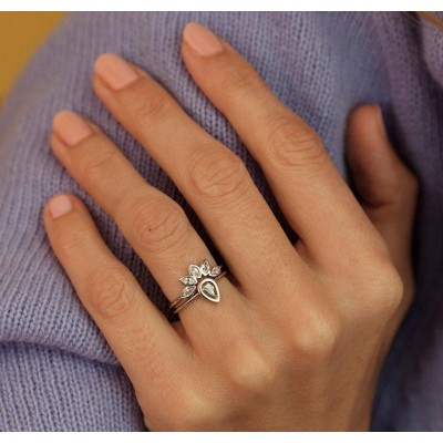 White Sapphire Ring, Marquise Crown Ring
