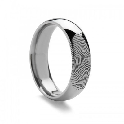 10k Fingerprint Ring White Gold Engraved Domed Band - 4mm - 8mm