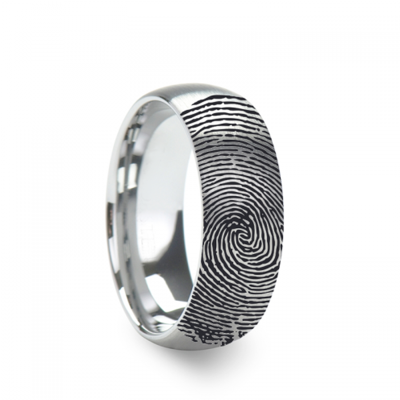 10k Fingerprint Ring White Gold Engraved Domed Brushed Band - 4mm - 8mm